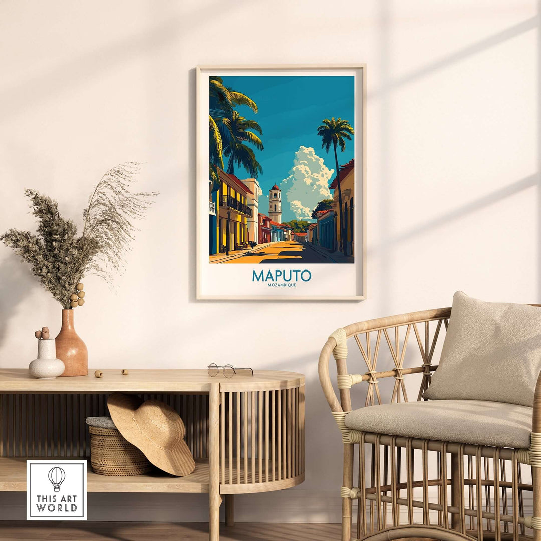 Maputo travel poster Mozambique wall art in modern living room décor with wicker chair and natural accents.