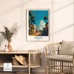 Maputo Travel Poster Mozambique showcasing vibrant streets and palm trees in a stylish interior setting.