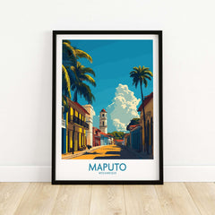 Maputo Travel Poster Mozambique showcasing vibrant street views and palm trees in Maputo, Mozambique.
