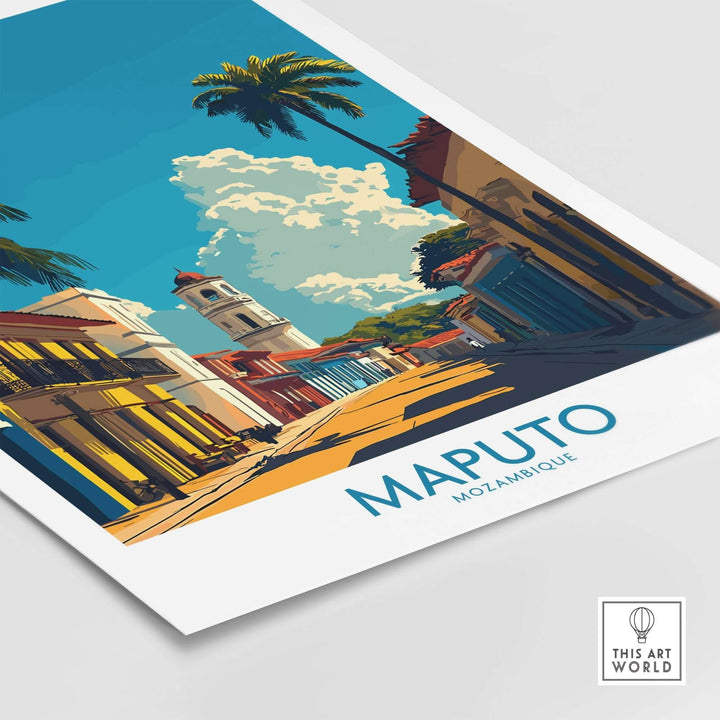 Maputo travel poster featuring vibrant street scene and palm trees, Mozambique wall art for African adventure lovers