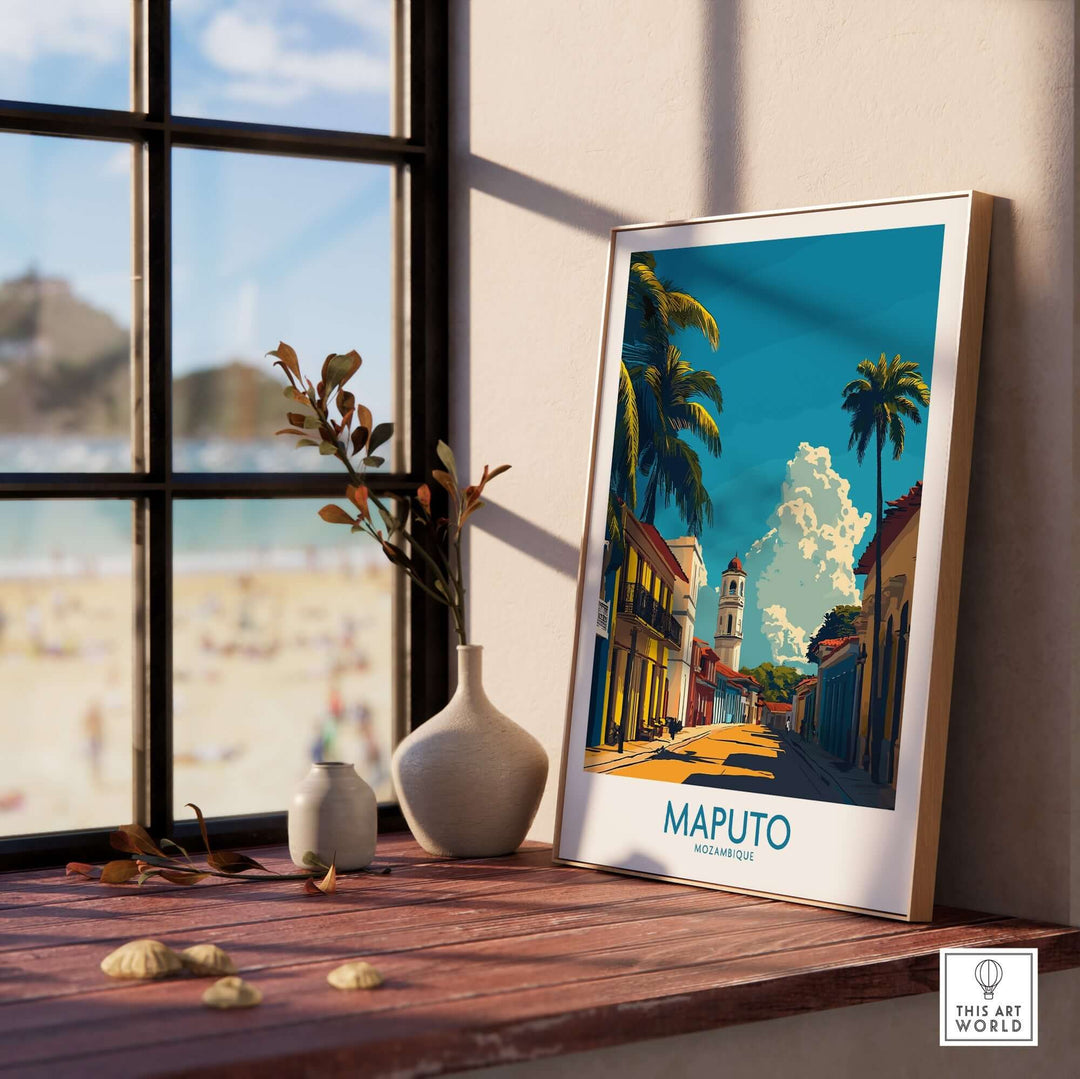 Maputo travel poster on windowsill with beach view, showcasing vibrant Mozambique culture and landscapes, Africa travel wall art