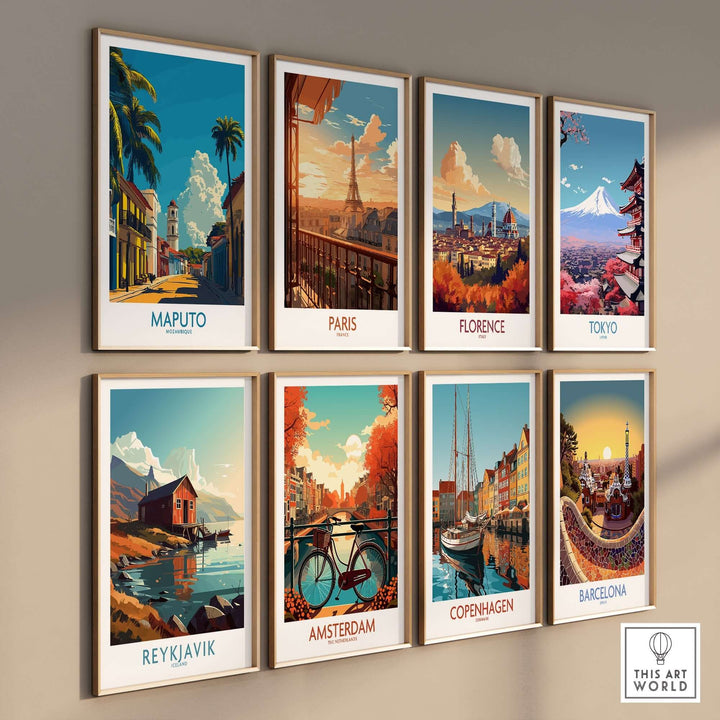 Collection of travel posters featuring Maputo, Paris, Florence, Tokyo, Reykjavik, Amsterdam, Copenhagen, and Barcelona on a wall