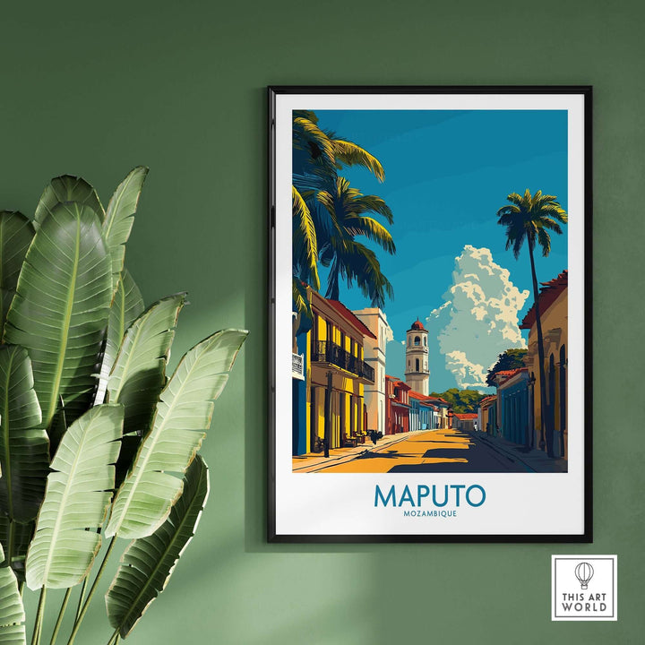 Maputo travel poster featuring vibrant cityscape of Mozambique with palm trees and historic buildings, perfect wall art for African travel lovers