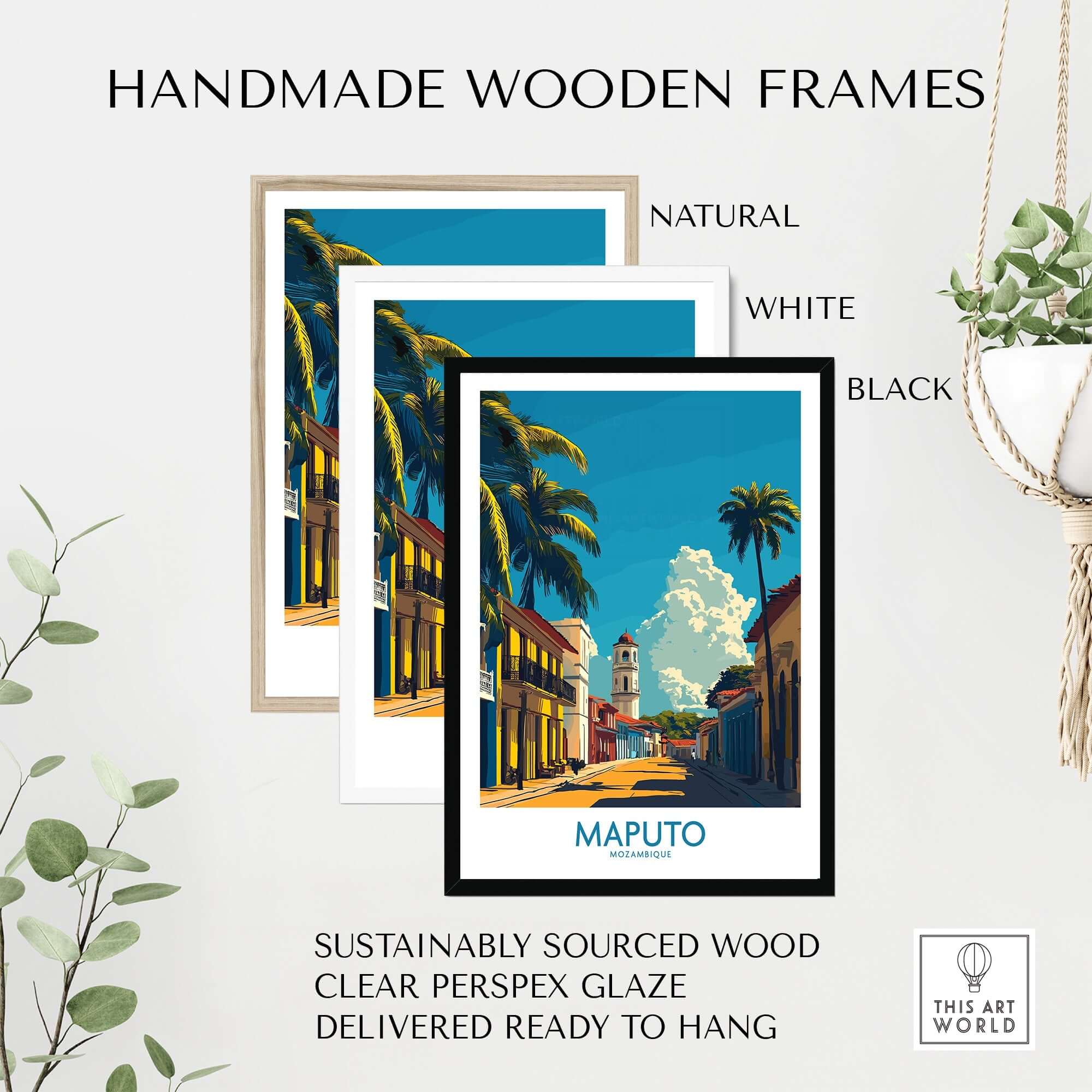 Handmade wooden frames in natural, white, and black holding a Maputo Travel Poster Mozambique.