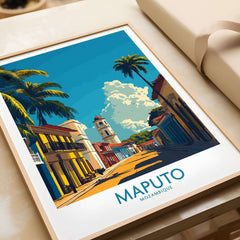 Maputo Travel Poster Mozambique showcasing vibrant streets and palm trees in a colorful print.