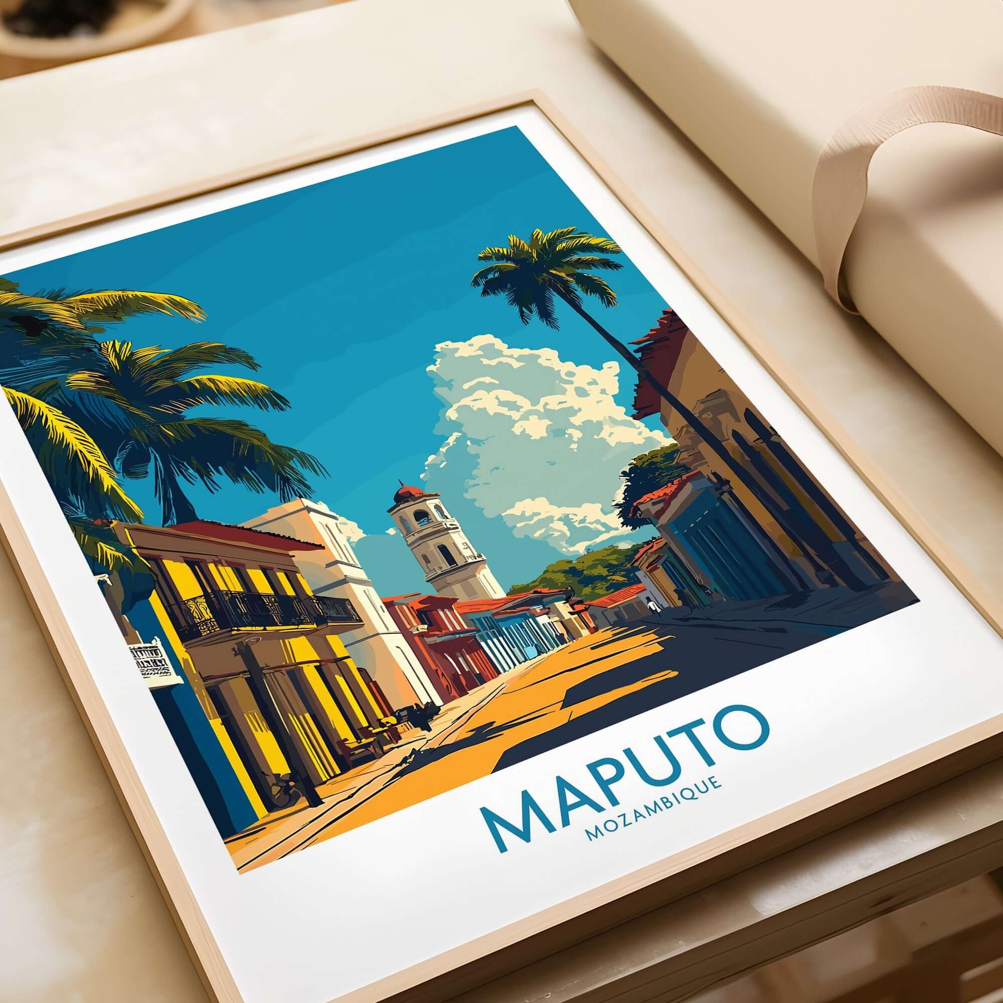 Maputo Travel Poster Mozambique showcasing vibrant streets and palm trees in a colorful print.
