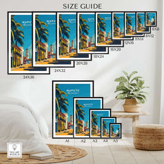 Maputo Travel Print Mozambique size guide showcasing different framed print dimensions and vibrant Maputo artwork.