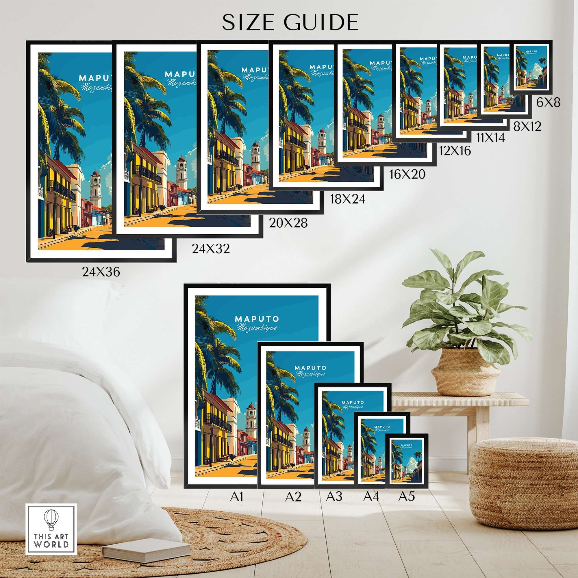 Maputo Travel Print Mozambique size guide showcasing different framed print dimensions and vibrant Maputo artwork.