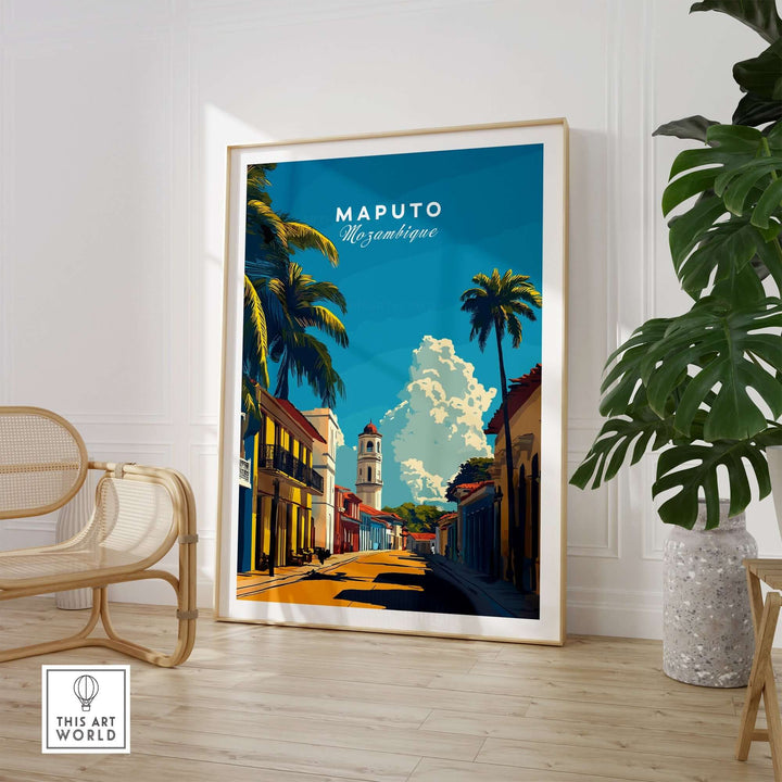 Maputo travel print showcasing the vibrant cityscape of Mozambique's capital with stunning architecture and tropical scenery.