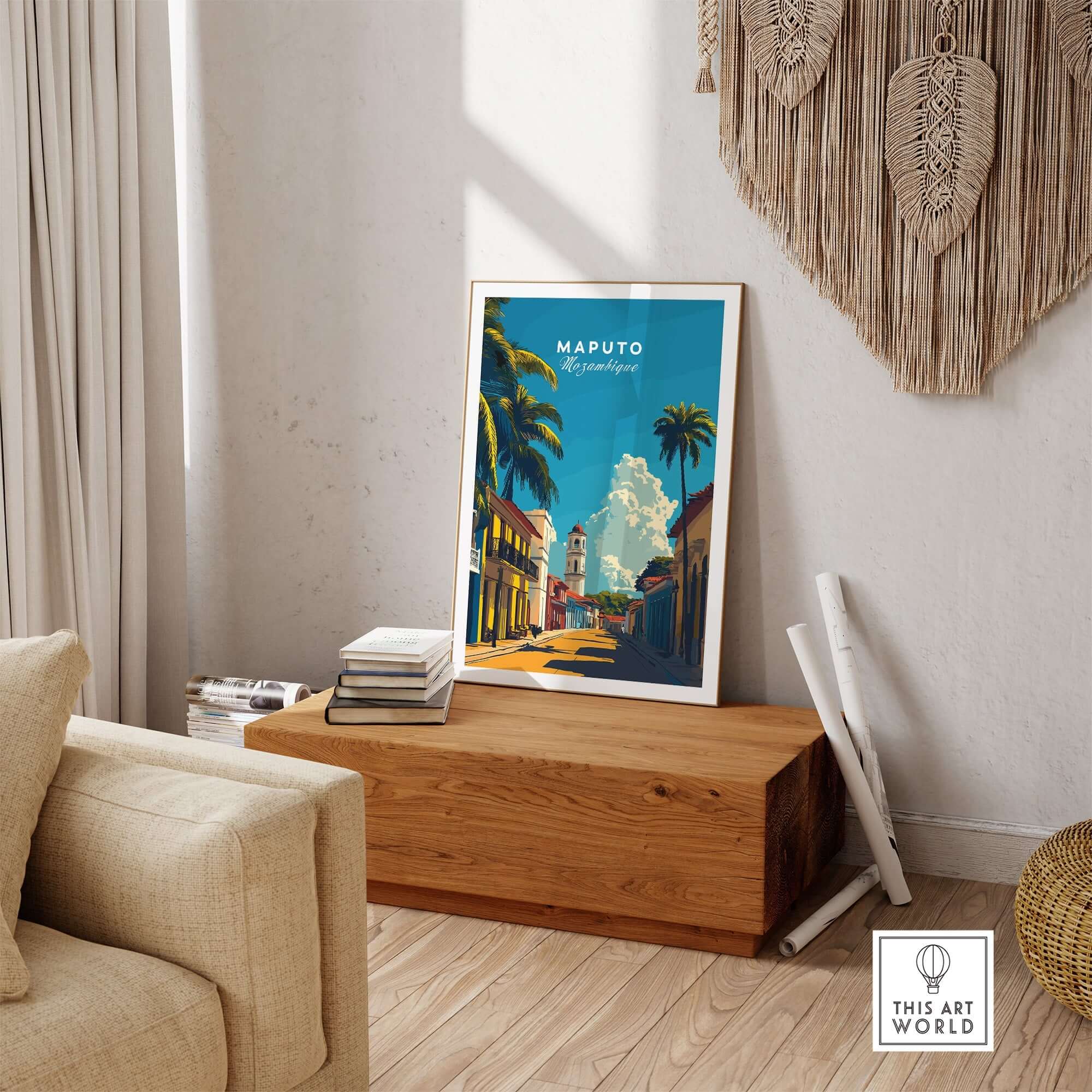 Maputo Travel Print Mozambique featuring vibrant cityscape and stunning architecture of Maputo, decor for any room.