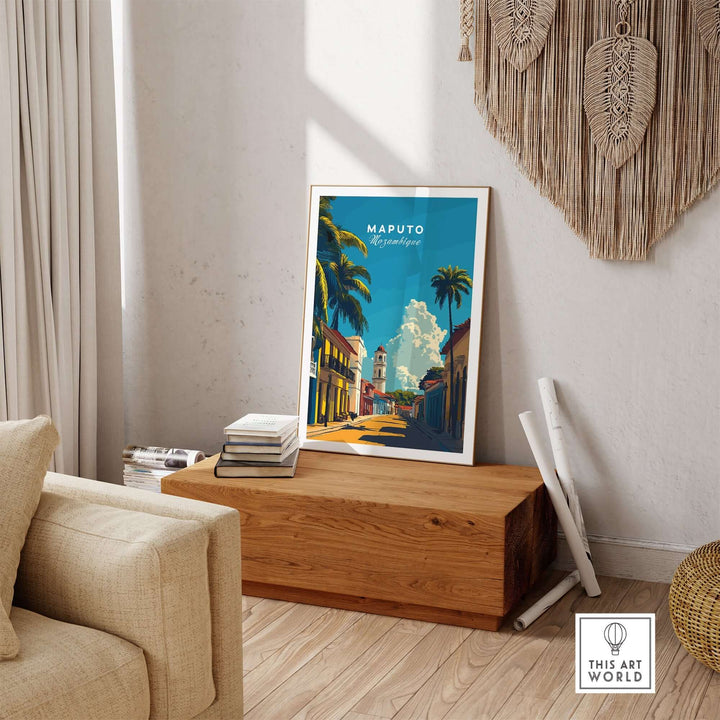 Maputo Travel Print Mozambique Poster Showcasing Vibrant Cityscape on Display in Modern Room