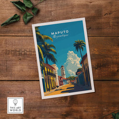 Maputo Travel Print Mozambique featuring vibrant architecture and palm trees in a colorful street scene.