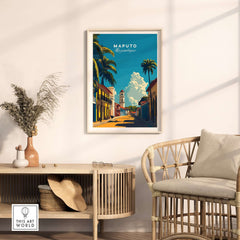 Maputo Travel Print Mozambique displayed in a stylish living room, showcasing vibrant cityscape and architecture.