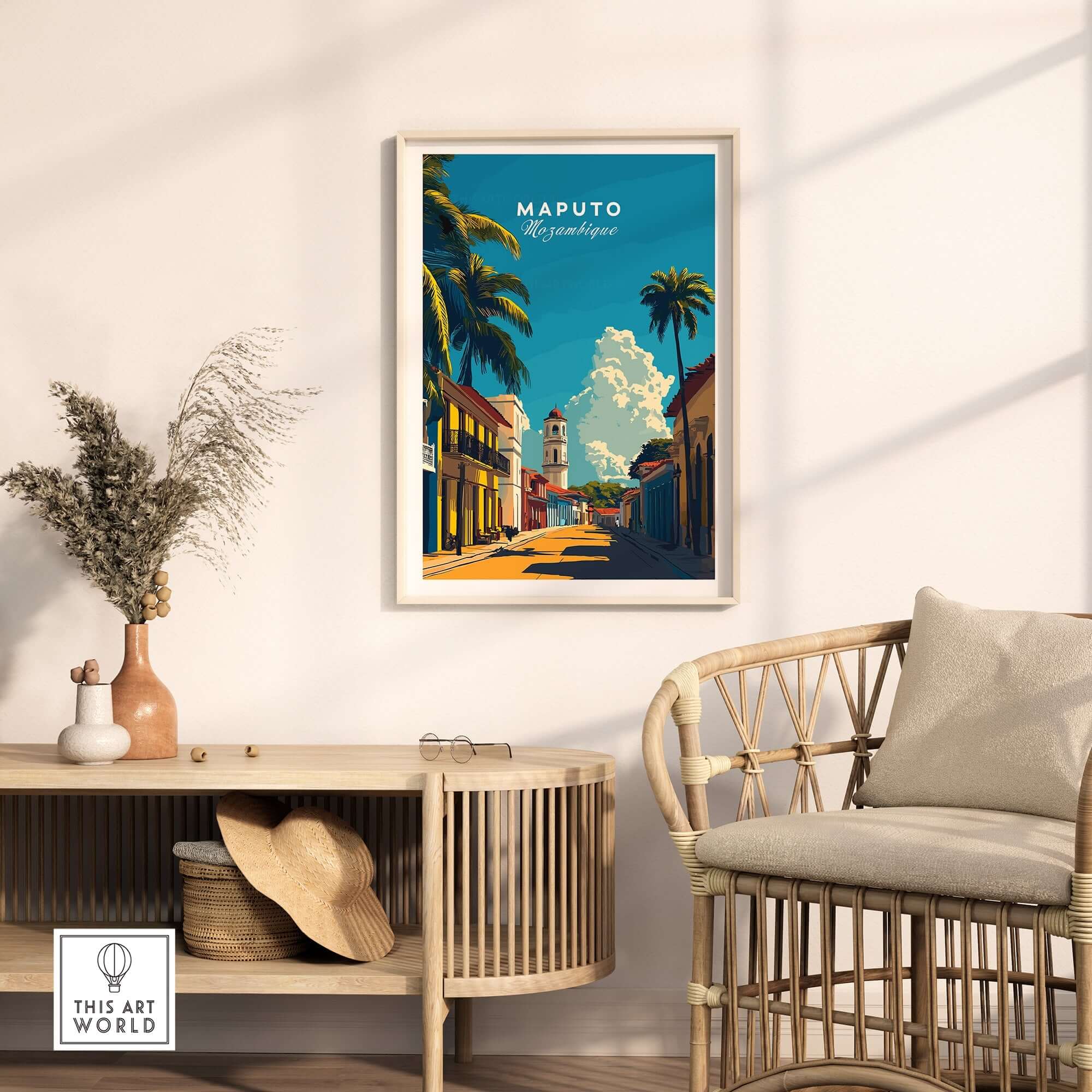 Maputo Travel Print Mozambique displayed in a stylish living room, showcasing vibrant cityscape and architecture.