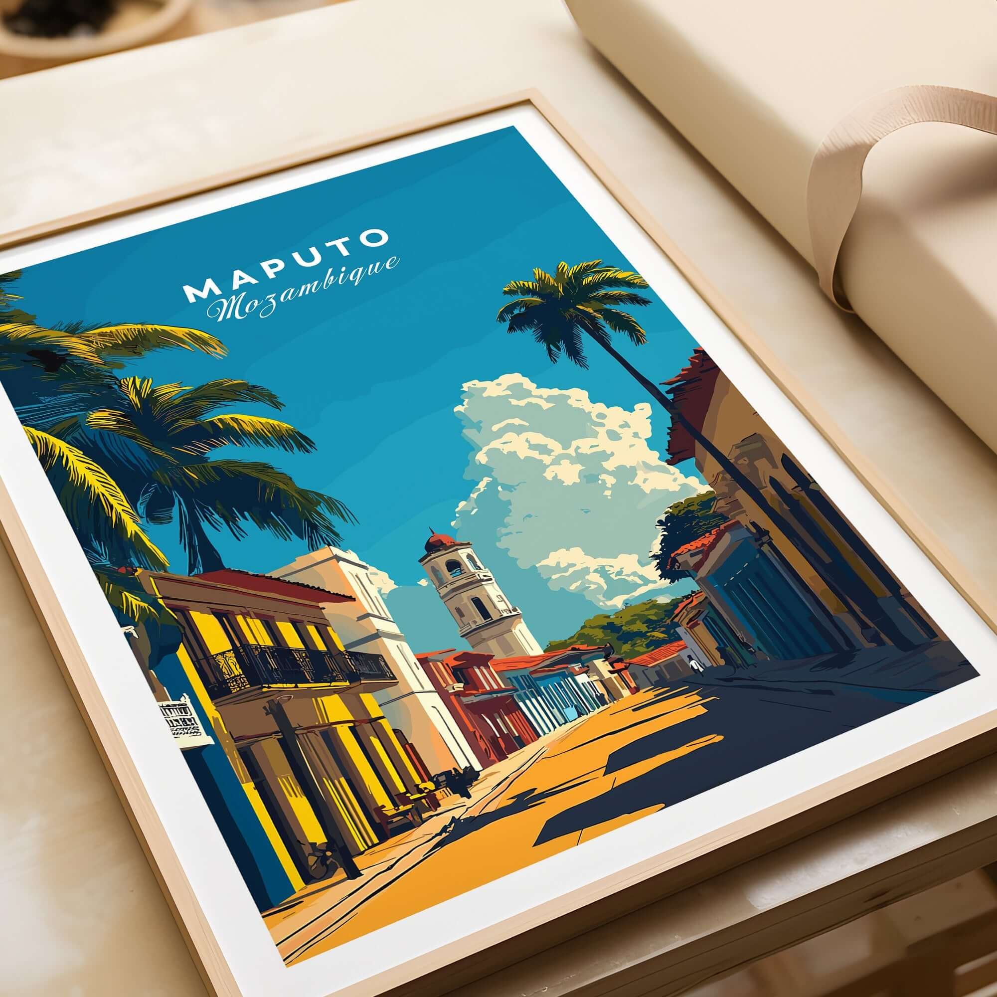 Maputo Travel Print Mozambique featuring a vibrant street scene with palm trees and colorful buildings.