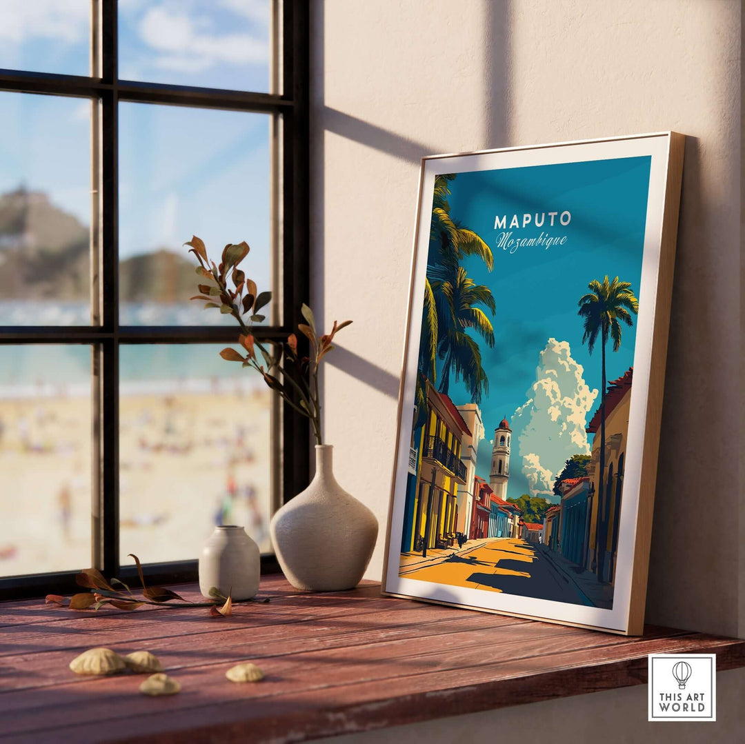 "Maputo Travel Print Mozambique showcasing vibrant architecture displayed on a wooden windowsill with a beach view"