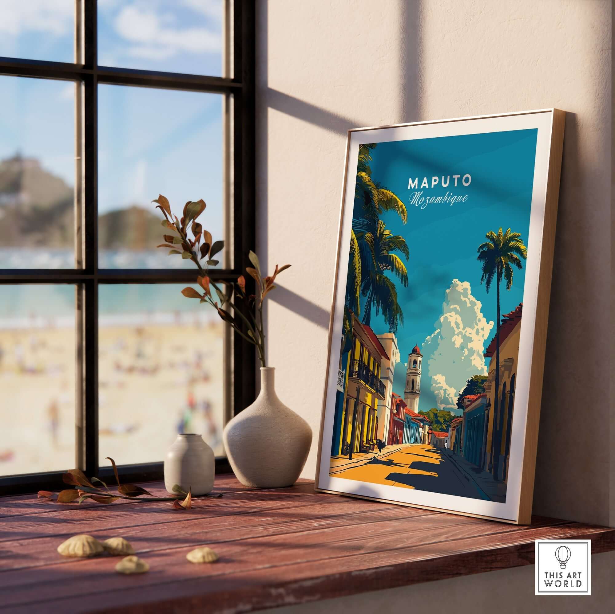 Maputo Travel Print Mozambique framed print showcasing the vibrant cityscape and architecture of Maputo.