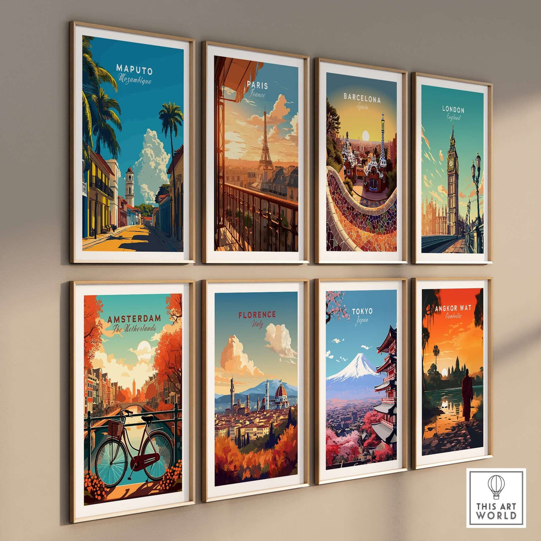 Collection of travel prints including Maputo, Paris, Barcelona, London, Amsterdam, Florence, Tokyo, and Angkor Wat displayed on a wall.