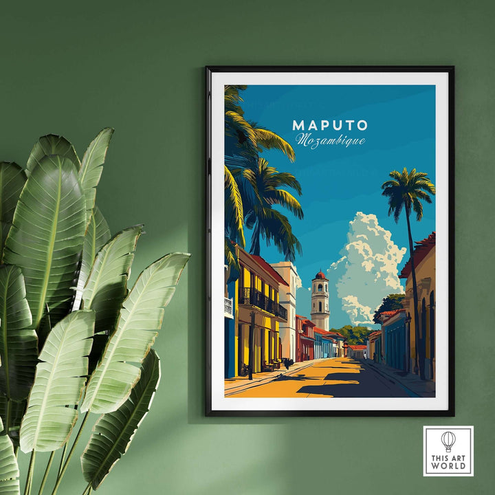 Maputo travel print showcasing vibrant cityscape and architecture of Mozambique's capital. Africa travel poster on green wall with plants.