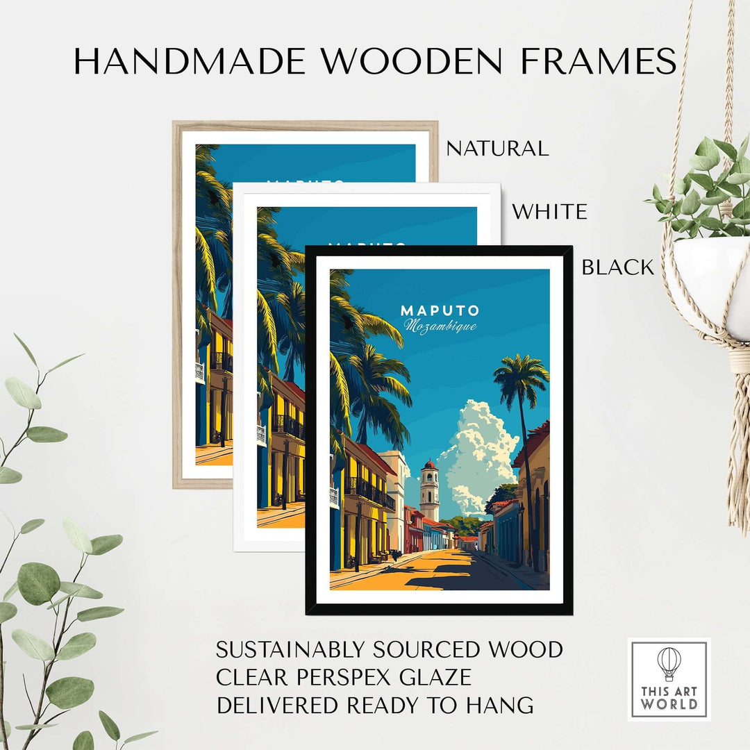 Maputo Travel Print Mozambique in handmade wooden frames. Available in natural, white, and black. Sustainable wood, clear perspex glaze.