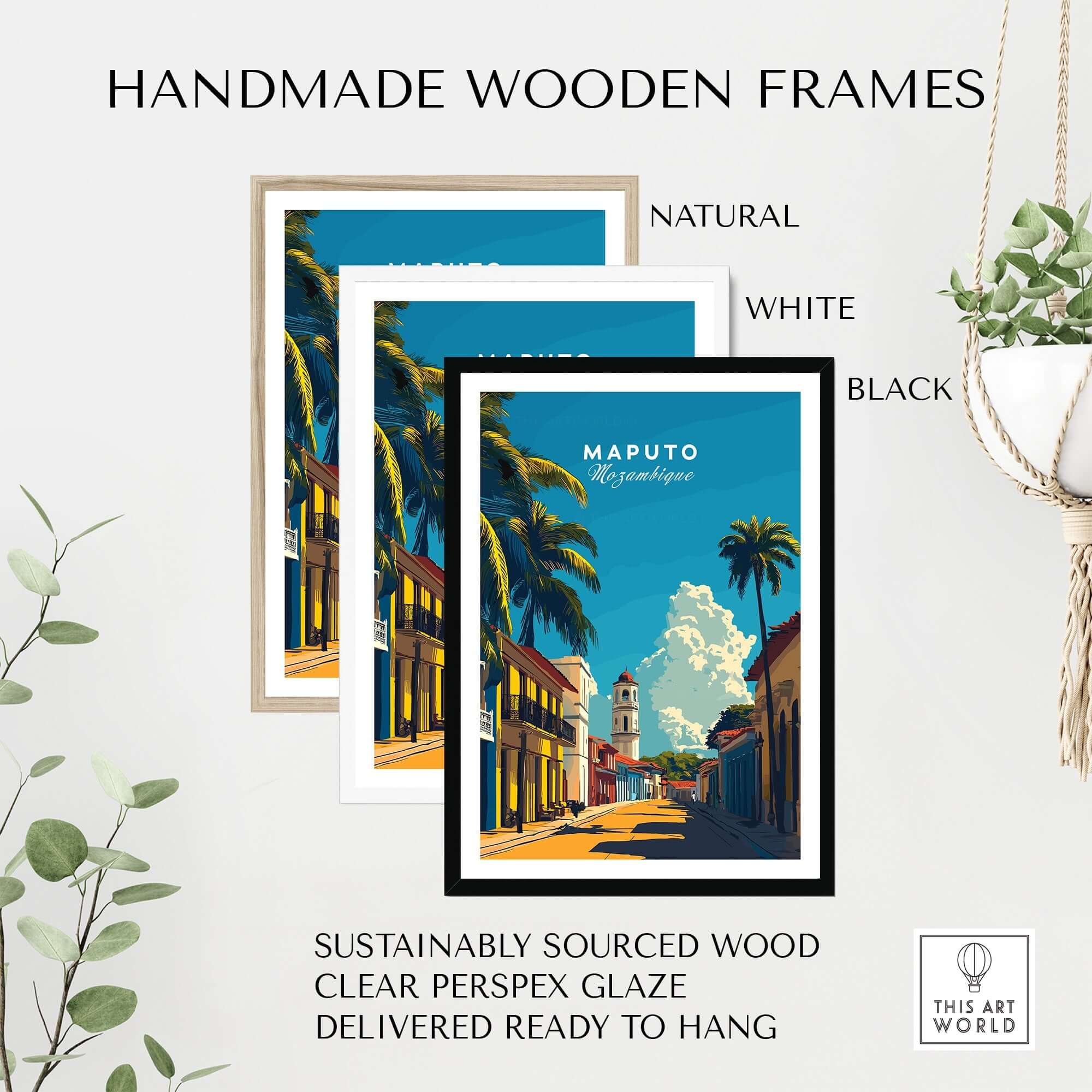 Maputo Travel Print Mozambique showcased in handmade wooden frames, with clear perspex glaze and natural, white, and black options.