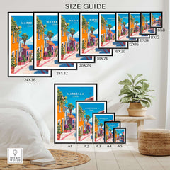 Marbella Poster size guide showcasing various frame sizes and dimensions for elegant wall decor.