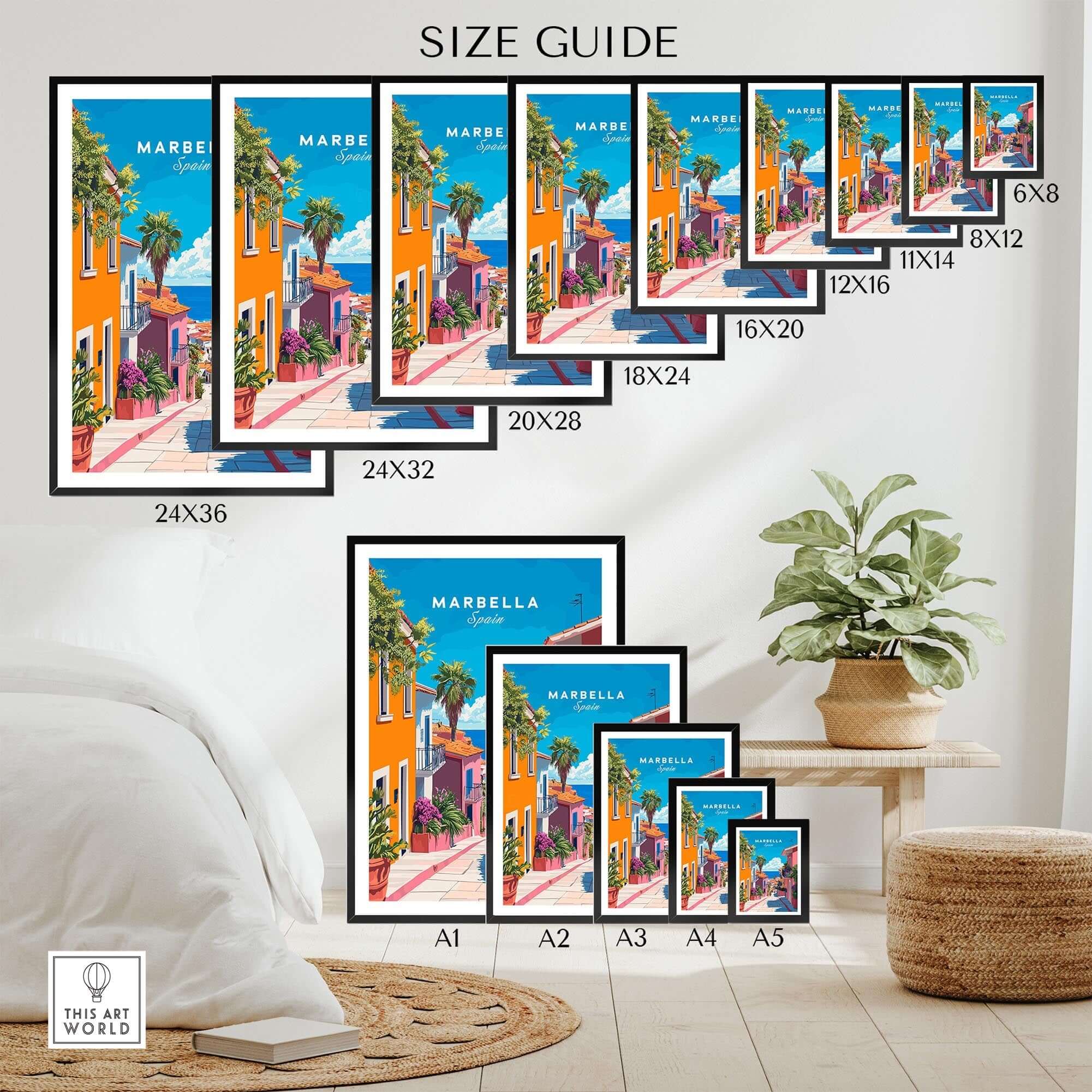 Marbella Poster size guide showcasing various frame sizes and dimensions for elegant wall decor.