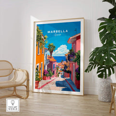 Marbella Poster showcasing the colorful streets of Marbella, Spain, elegantly framed in a modern interior setting.