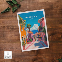 Colorful Marbella Poster depicting a vibrant street in Marbella, Spain, capturing its beauty and charm.