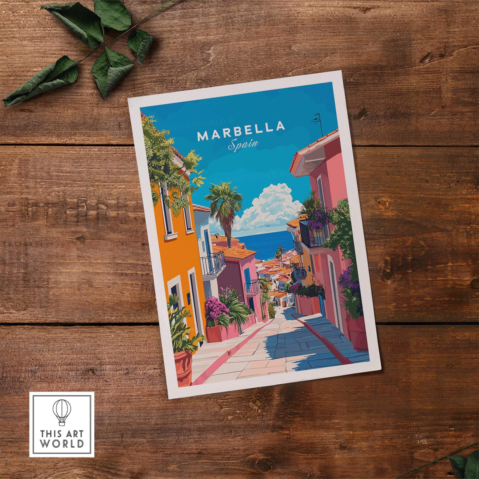 Colorful Marbella Poster depicting a vibrant street in Marbella, Spain, capturing its beauty and charm.