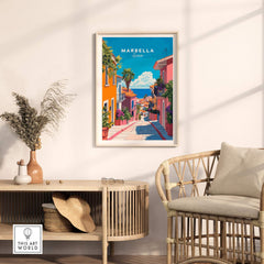 Marbella Poster showcasing a vibrant street scene in Marbella, Spain, elegantly framed in a stylish interior.