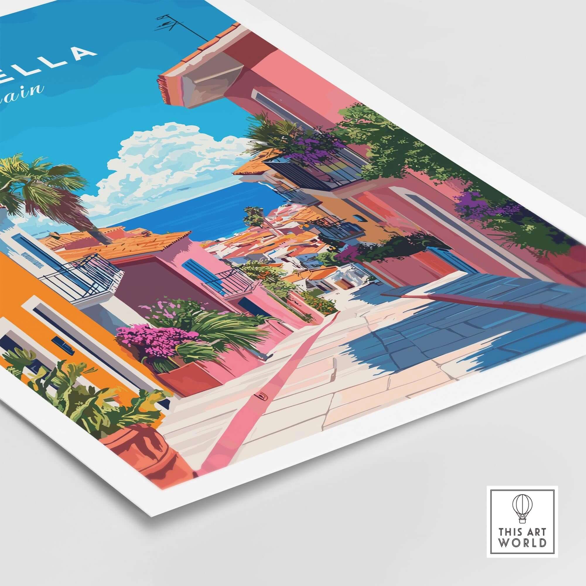 Marbella Poster featuring vibrant streets and coastal views of Marbella, Spain art print for elegant home decor.
