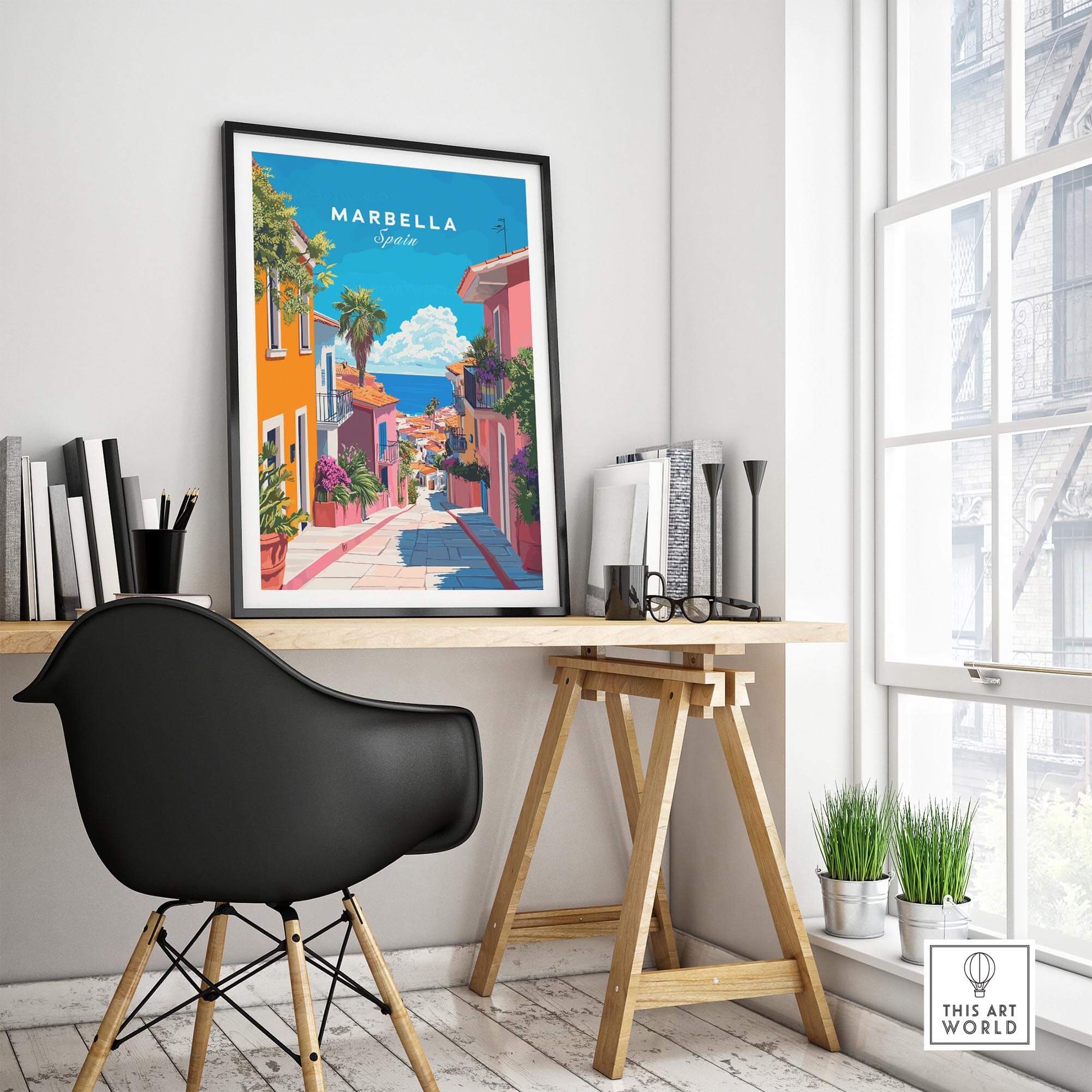 Elegant Marbella Poster displayed in a modern workspace, showcasing the beauty of Marbella, Spain.