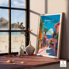 Marbella Poster displayed in a sunlit room, capturing the beautiful streets of Marbella, Spain.