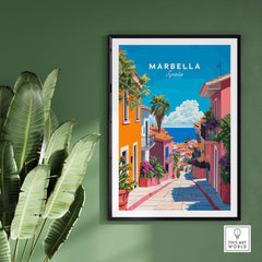 Marbella Poster featuring a vibrant street scene from Marbella, Spain with colorful houses and palm trees.