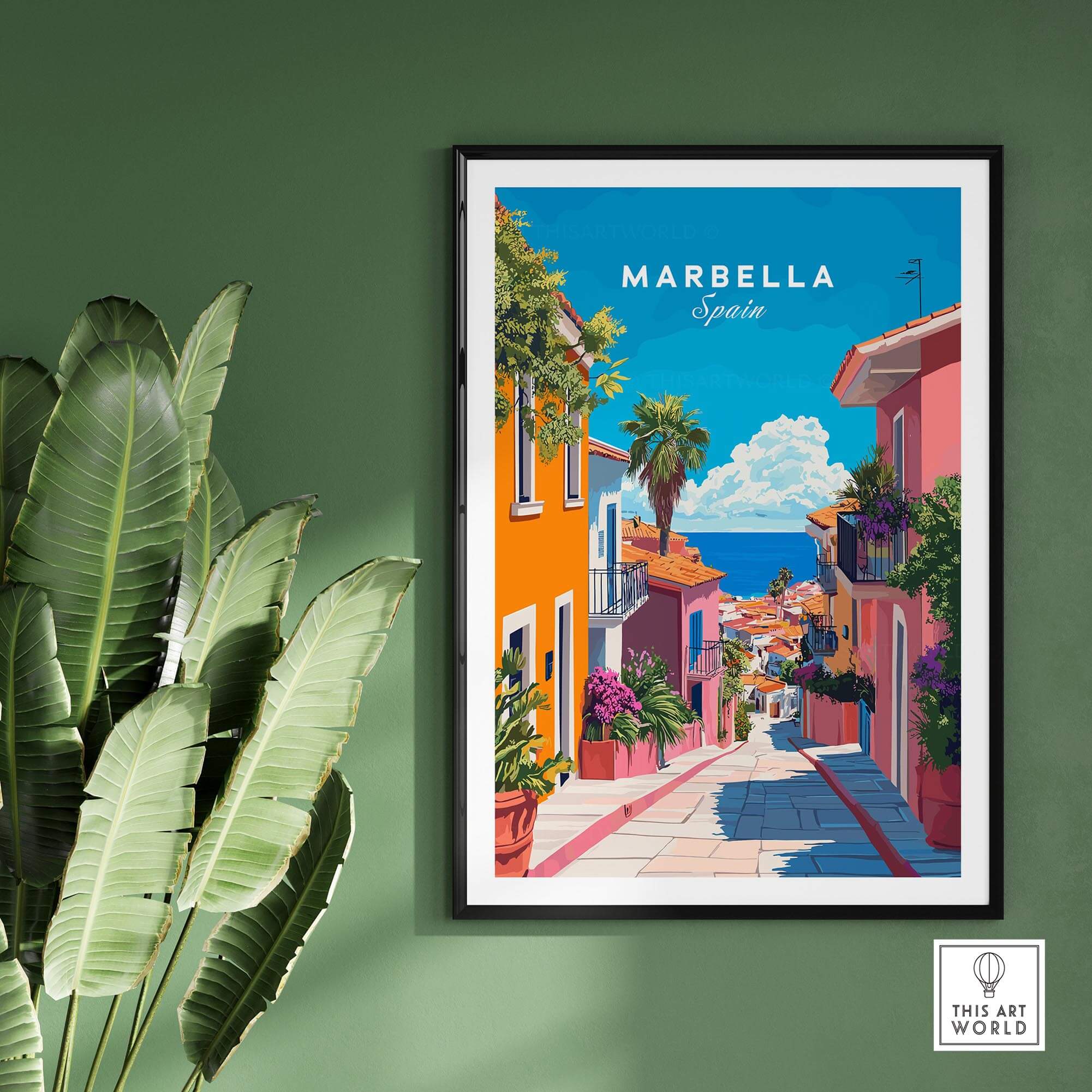 Marbella Poster featuring a vibrant street scene from Marbella, Spain with colorful houses and palm trees.