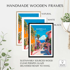 Handmade wooden frames for Marbella Poster in natural, white, and black finishes, made from sustainably sourced wood.