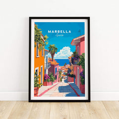 Marbella Poster showcasing vibrant streets of Marbella, Spain, capturing the city's beauty and elegance.