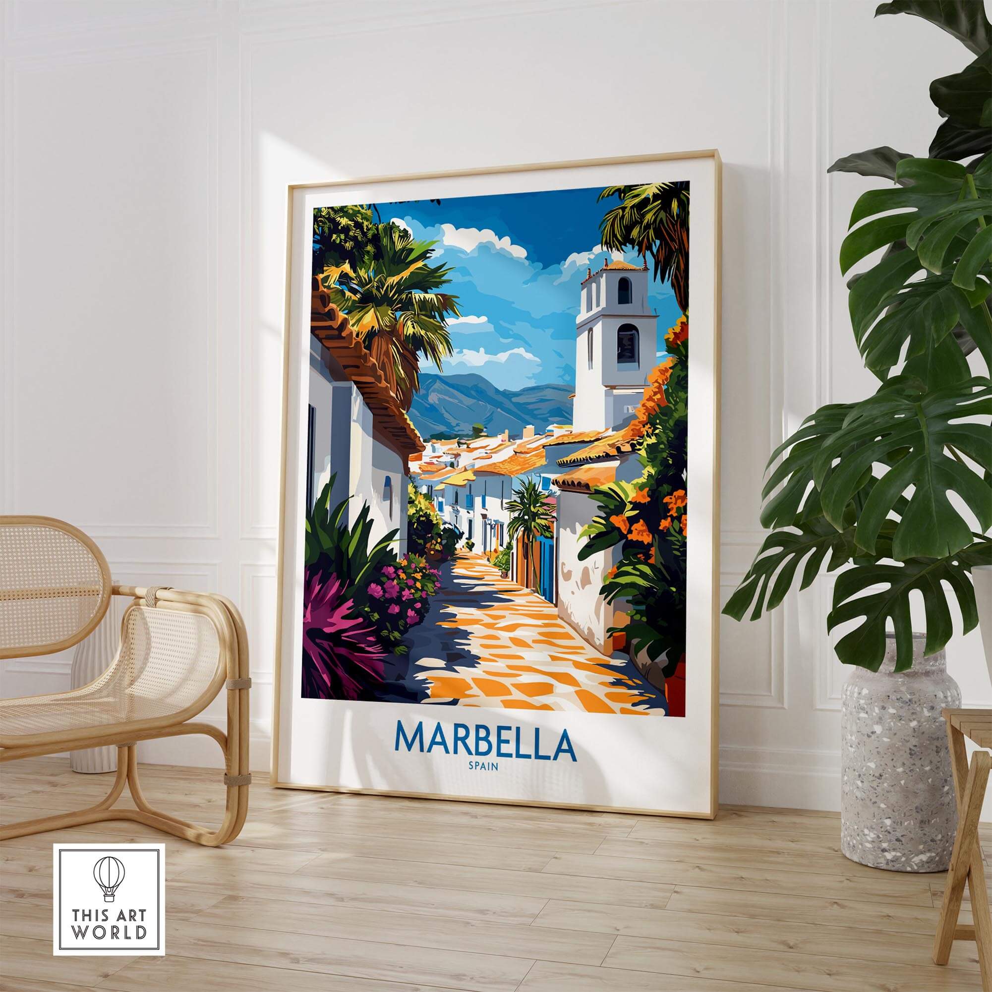 Marbella Print decor featuring a vibrant street scene with flowers and a tower in Marbella, Spain.