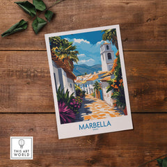 Marbella Print showcasing a vibrant street scene from Marbella, Spain, with colorful flowers and charming architecture.
