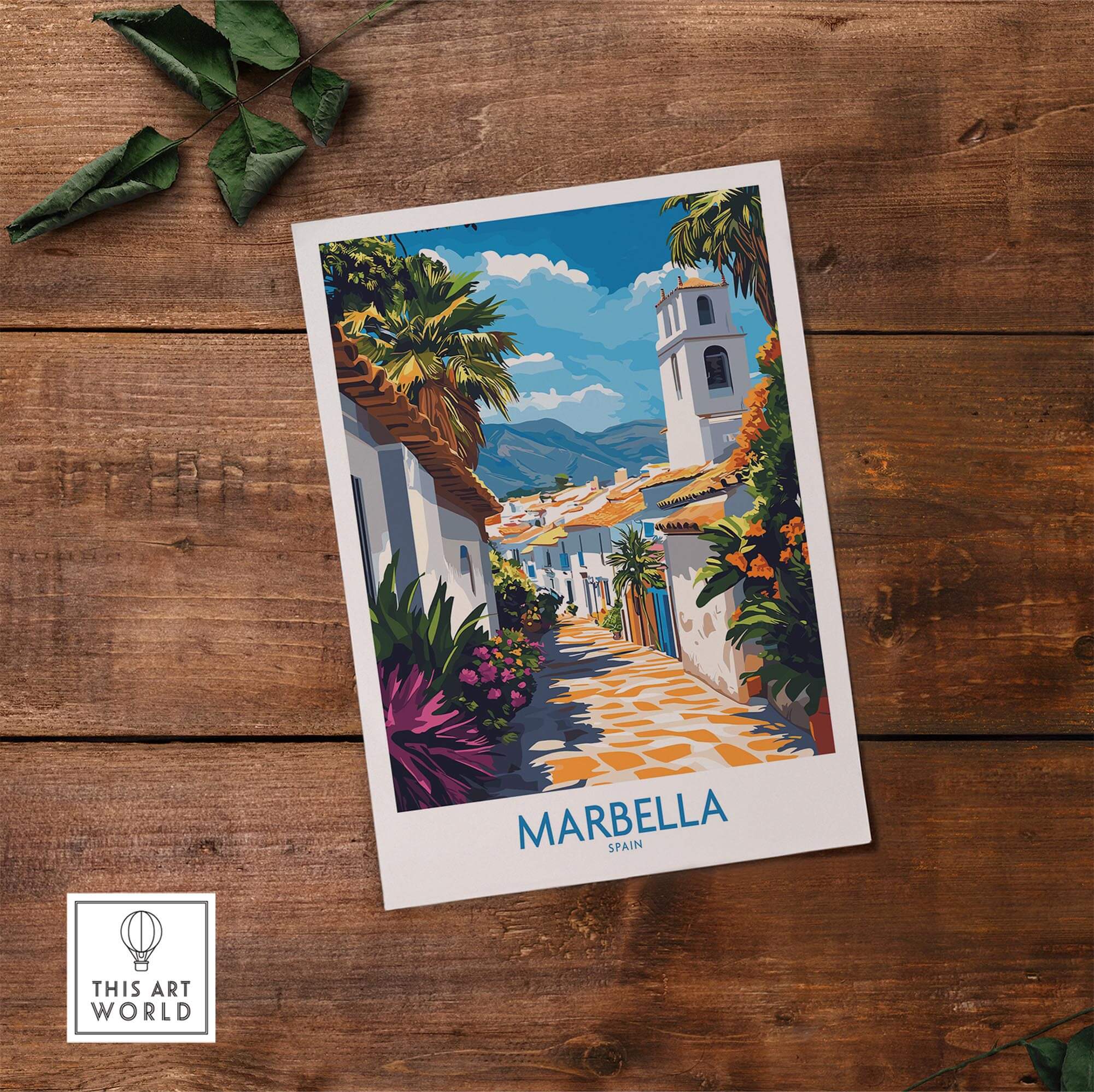 Marbella Print showcasing a vibrant street scene from Marbella, Spain, with colorful flowers and charming architecture.