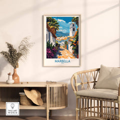 Marbella Print showcasing a vibrant scene with flowers and architecture, perfect for home decor.
