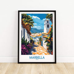 Marbella Print showcasing a vibrant street in Marbella, Spain, with lush greenery and colorful flowers.