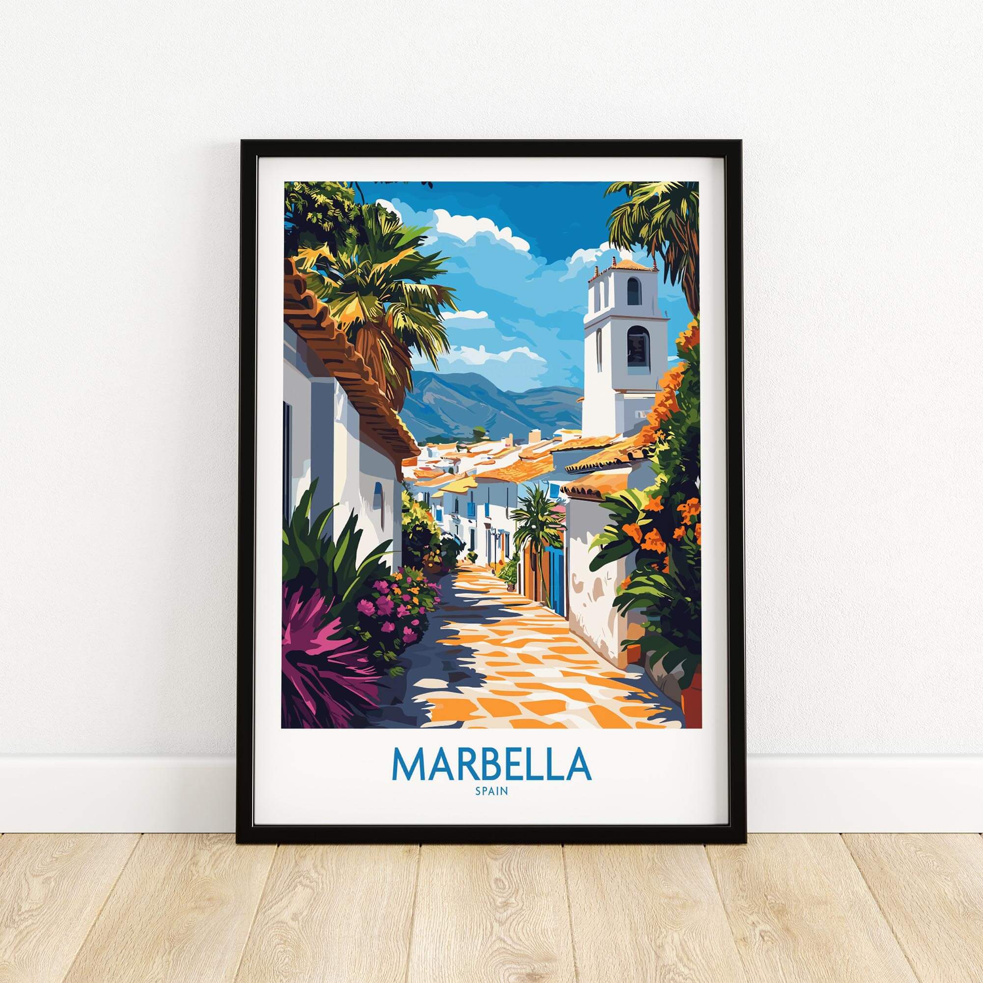 Marbella Print showcasing a vibrant street in Marbella, Spain, with lush greenery and colorful flowers.