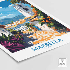 Marbella Print showcasing a vibrant street scene in Marbella, Spain with colorful flowers and architecture.