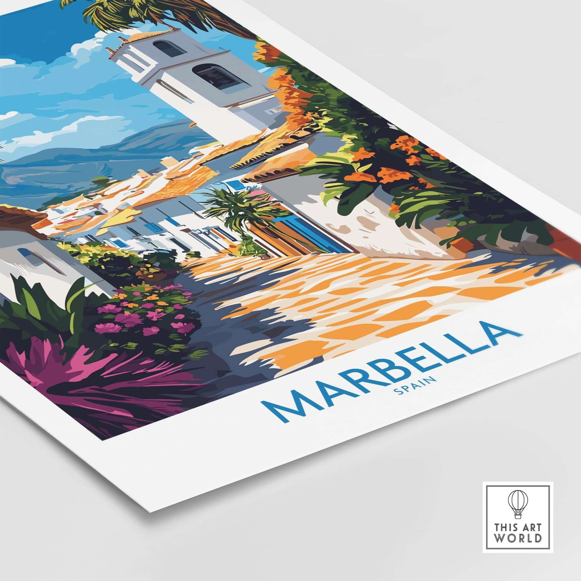 Marbella Print showcasing a vibrant street scene in Marbella, Spain with colorful flowers and architecture.