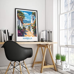 Marbella Print hanging in a modern workspace, showcasing elegance and charm of Marbella, Spain.