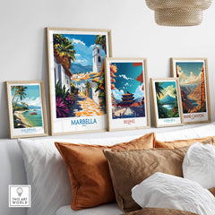 Marbella Print displayed on a wall among other travel posters, showcasing elegance and charm.