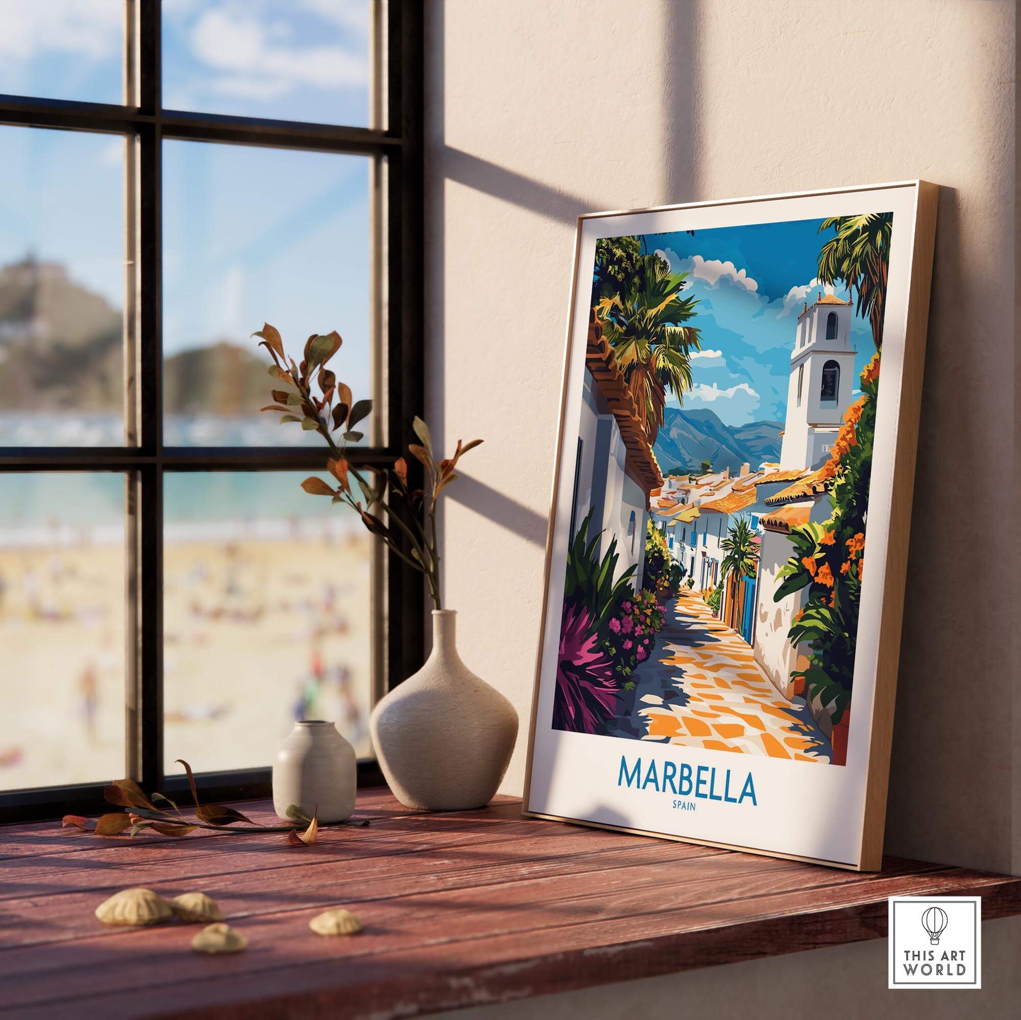 Marbella Print showcasing a vibrant street scene in Marbella, Spain, elegantly framed on a windowsill.