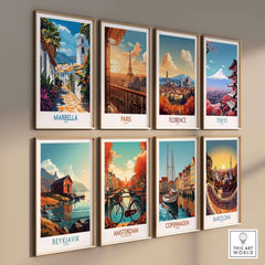 Marbella Print collection showcasing stunning travel posters from various cities, including Marbella, Paris, and Florence.